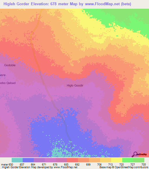 Higleh Gorder,Somalia Elevation Map