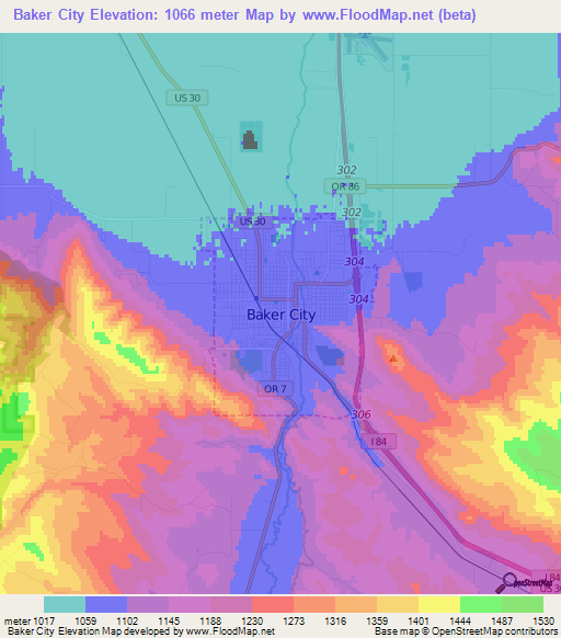 Baker City,US Elevation Map