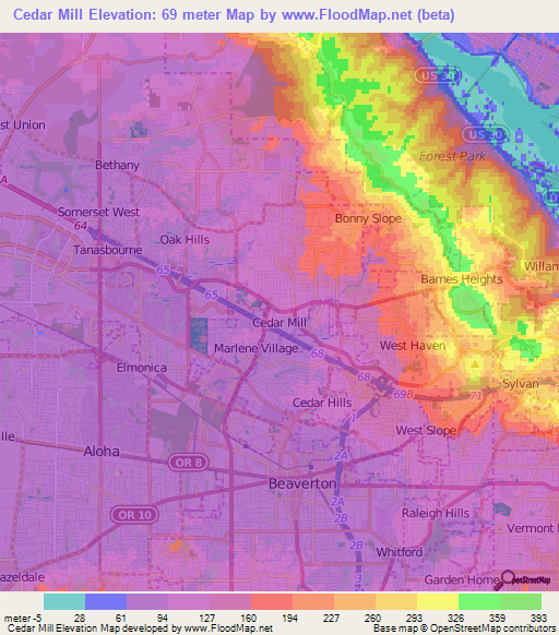 Cedar Mill,US Elevation Map
