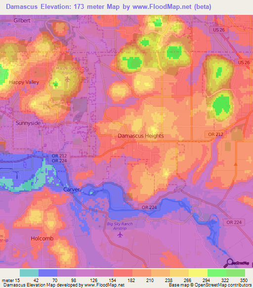 Damascus,US Elevation Map