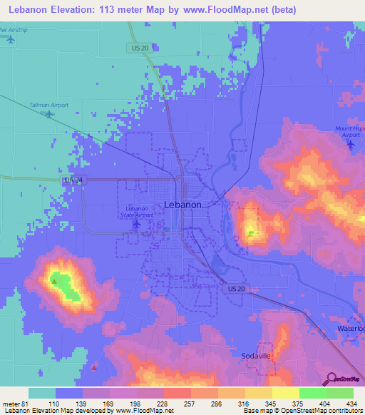 Lebanon,US Elevation Map