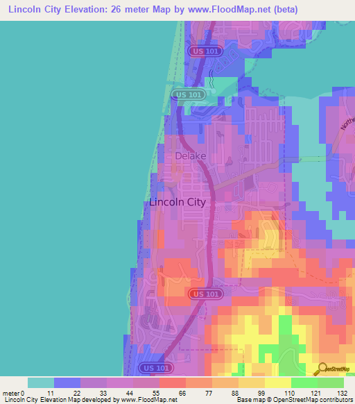 Lincoln City,US Elevation Map