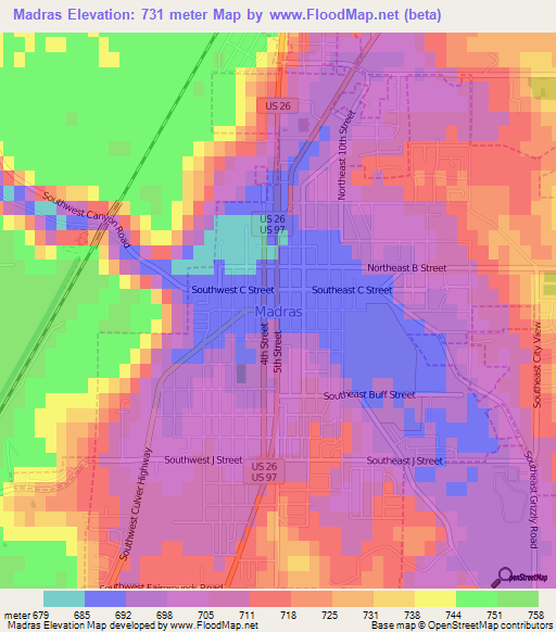 Madras,US Elevation Map