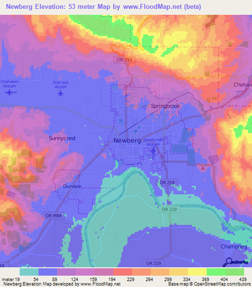 Newberg,US Elevation Map