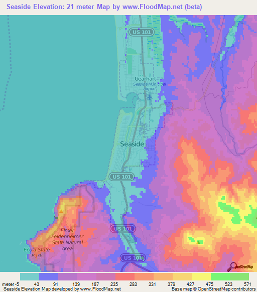 Seaside,US Elevation Map