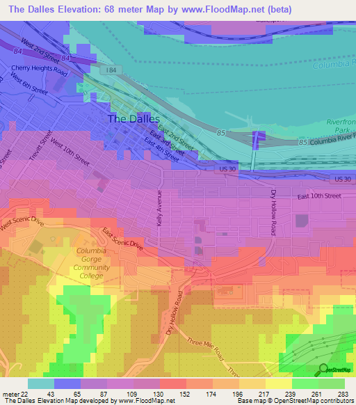 The Dalles,US Elevation Map