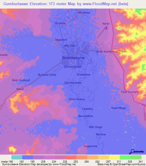 Gumburlaawe,Somalia Elevation Map