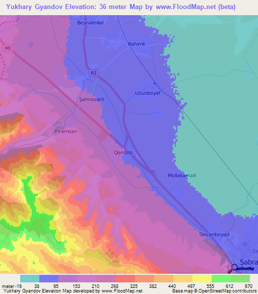 Yukhary Gyandov,Azerbaijan Elevation Map