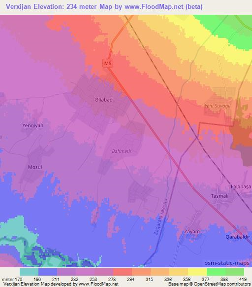Verxijan,Azerbaijan Elevation Map