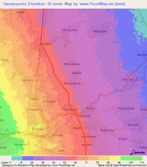 Qaraqoyunlu,Azerbaijan Elevation Map