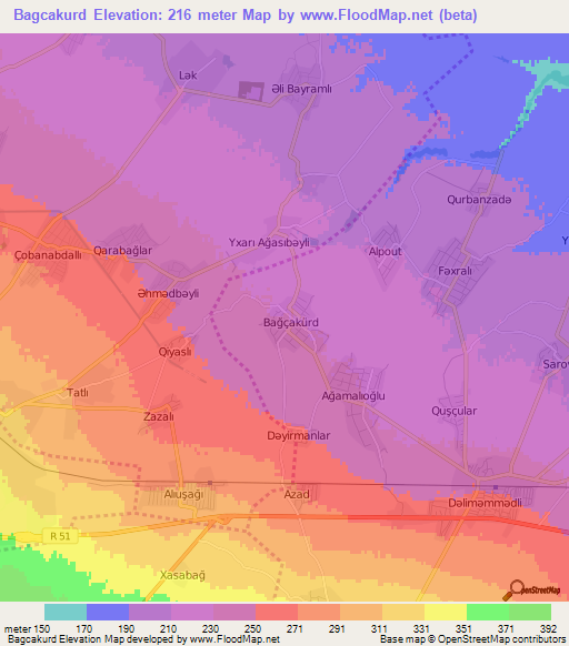 Bagcakurd,Azerbaijan Elevation Map