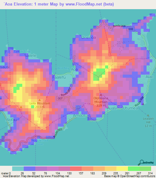`Aoa,American Samoa Elevation Map