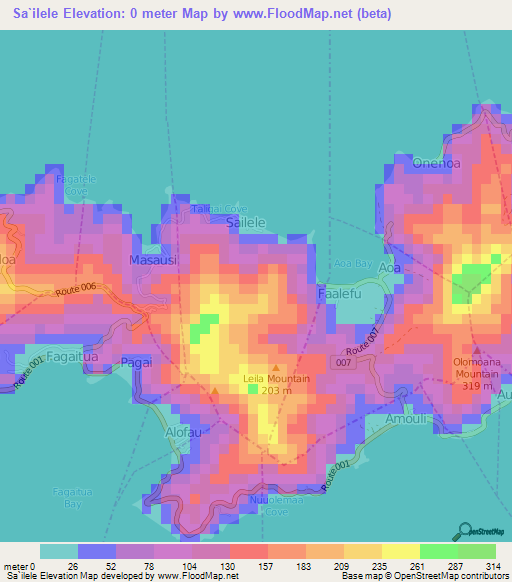 Sa`ilele,American Samoa Elevation Map