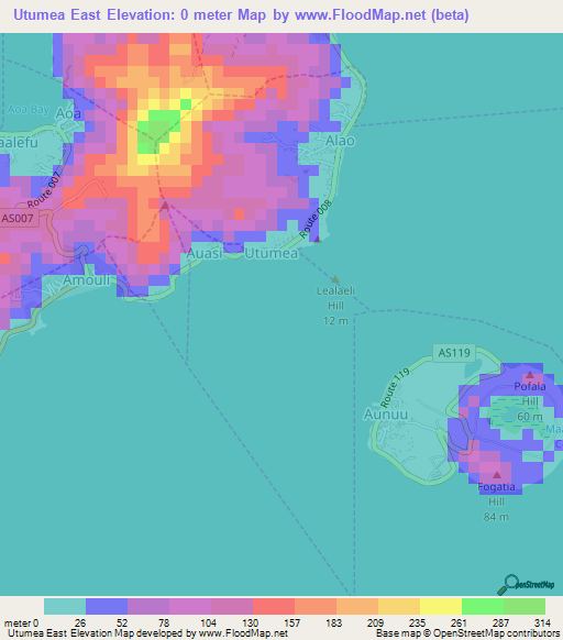 Utumea East,American Samoa Elevation Map