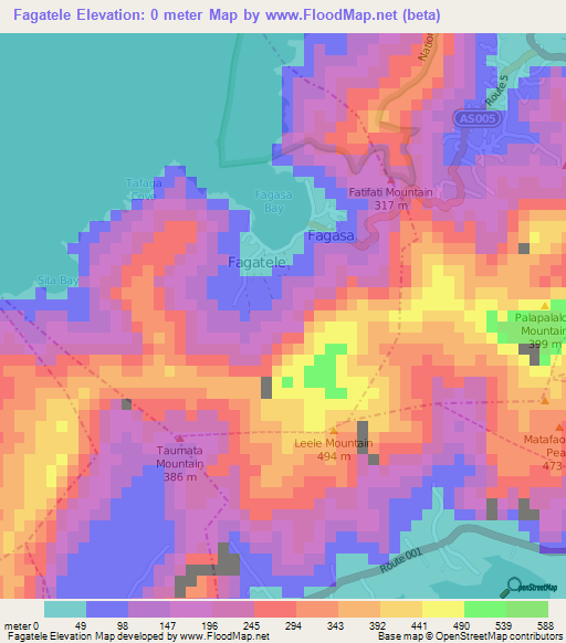 Fagatele,American Samoa Elevation Map