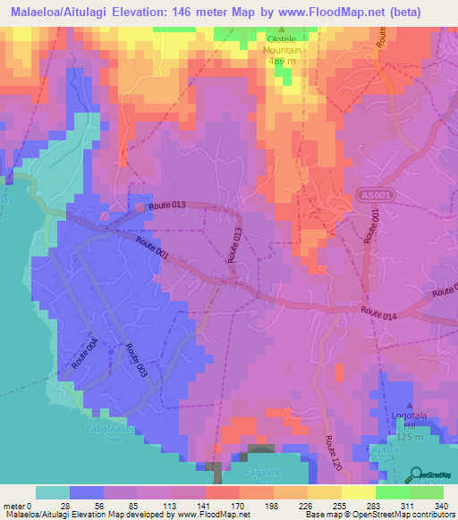 Malaeloa/Aitulagi,American Samoa Elevation Map