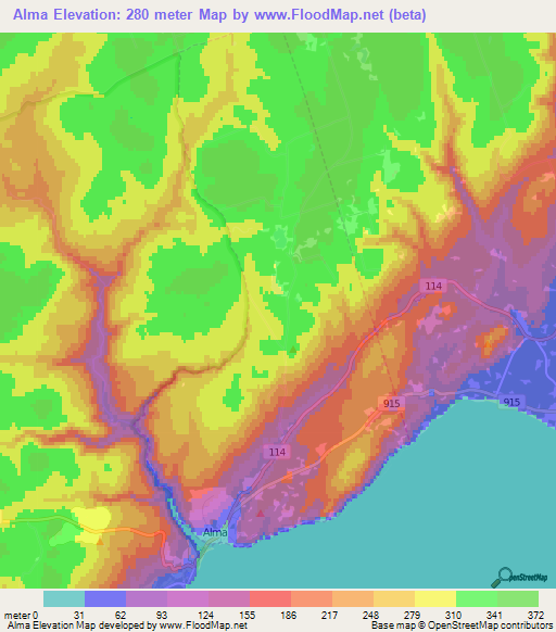 Alma,Canada Elevation Map