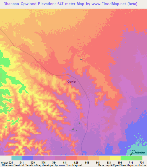Dhanaan Qawlood,Somalia Elevation Map