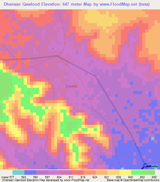 Dhanaan Qawlood,Somalia Elevation Map
