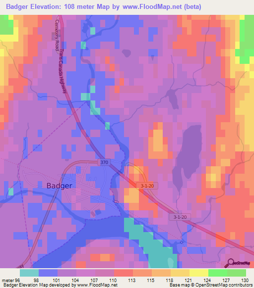 Badger,Canada Elevation Map