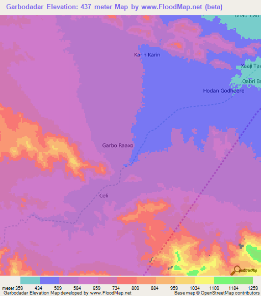 Garbodadar,Somalia Elevation Map