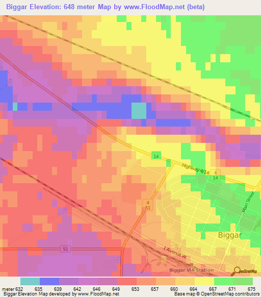 Biggar,Canada Elevation Map