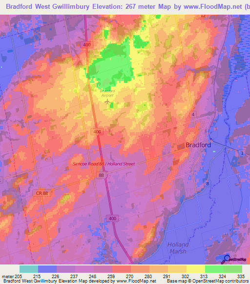 Bradford West Gwillimbury,Canada Elevation Map