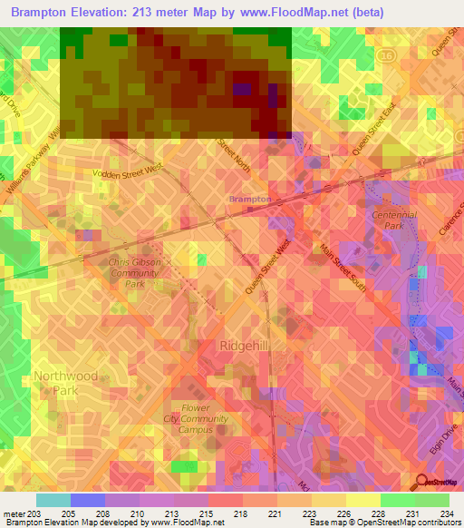 Brampton,Canada Elevation Map