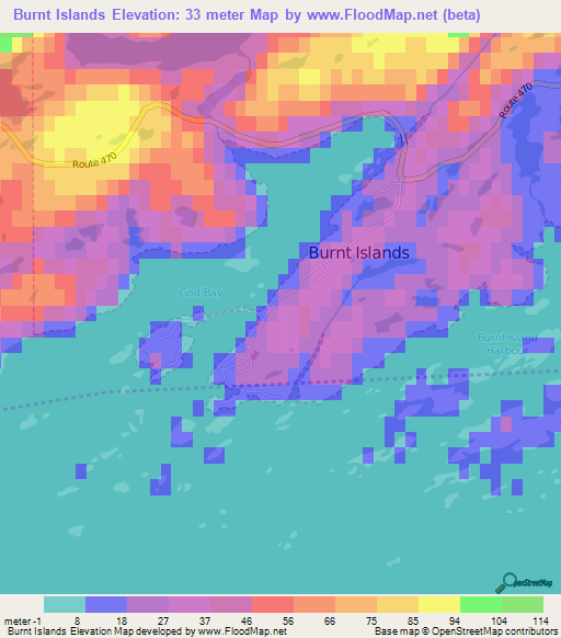 Burnt Islands,Canada Elevation Map