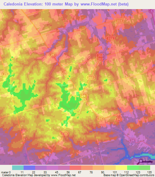 Caledonia,Canada Elevation Map
