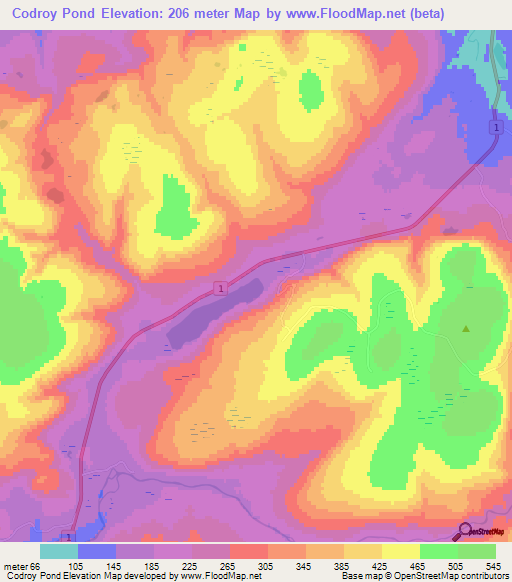 Codroy Pond,Canada Elevation Map