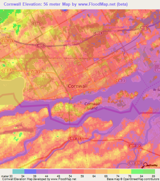 Cornwall,Canada Elevation Map
