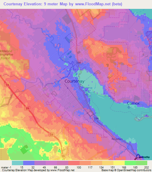 Courtenay,Canada Elevation Map