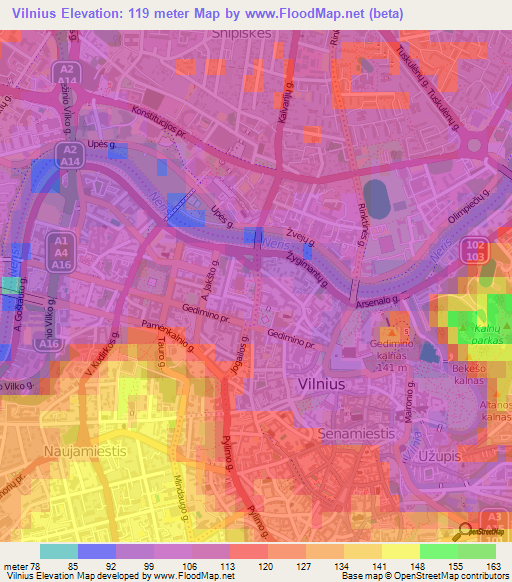 Vilnius,Lithuania Elevation Map