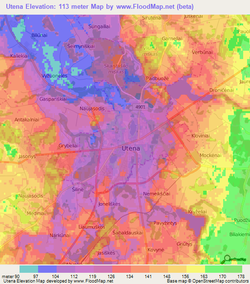 Utena,Lithuania Elevation Map