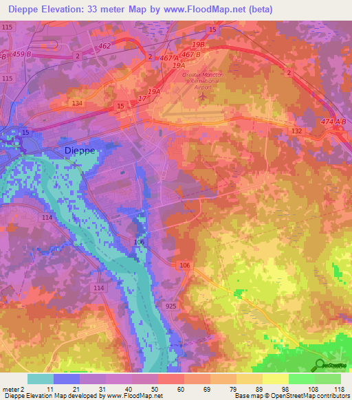 Dieppe,Canada Elevation Map