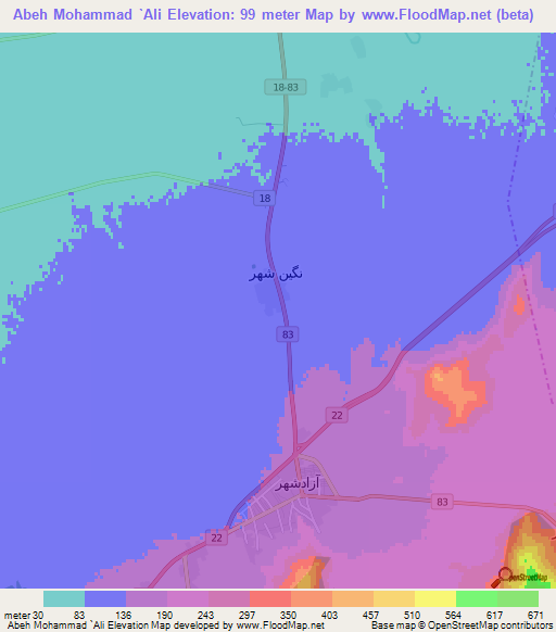 Abeh Mohammad `Ali,Iran Elevation Map