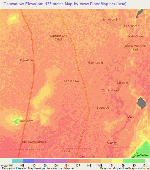 Gabxanlow,Somalia Elevation Map