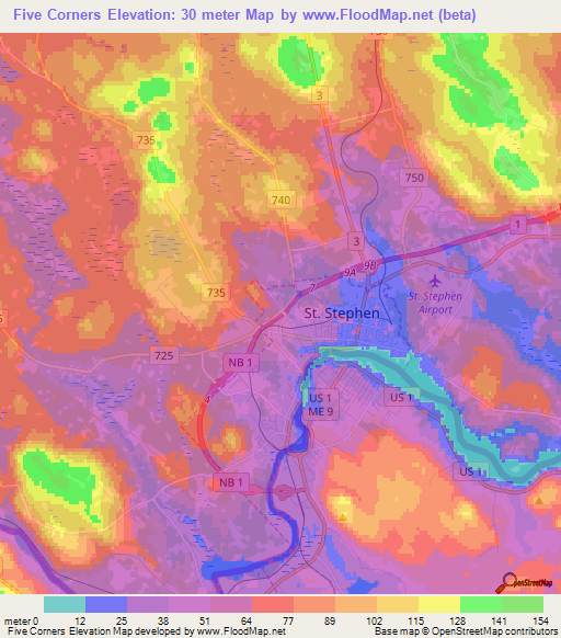 Five Corners,Canada Elevation Map