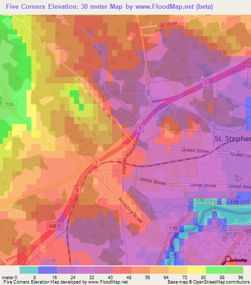 Five Corners,Canada Elevation Map