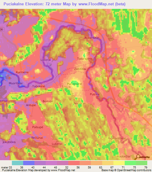 Puciakalne,Lithuania Elevation Map