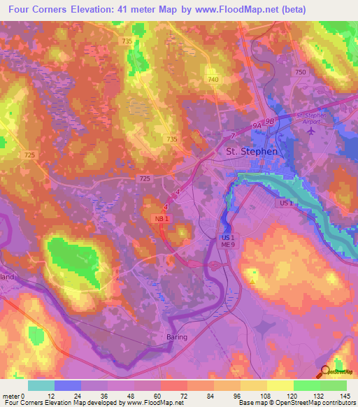 Four Corners,Canada Elevation Map
