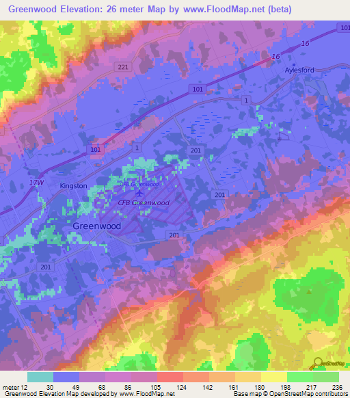 Greenwood,Canada Elevation Map