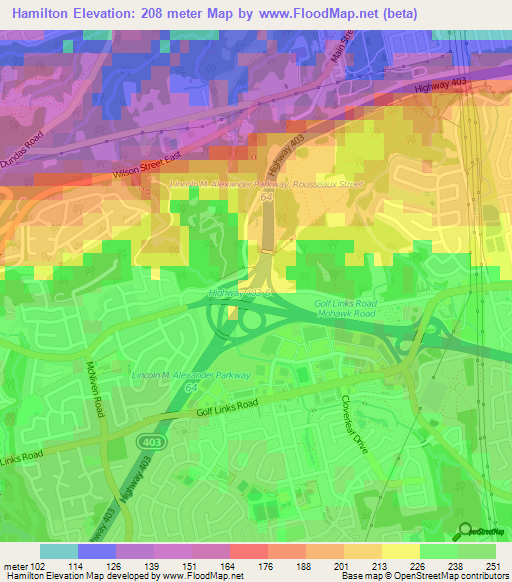 Hamilton,Canada Elevation Map