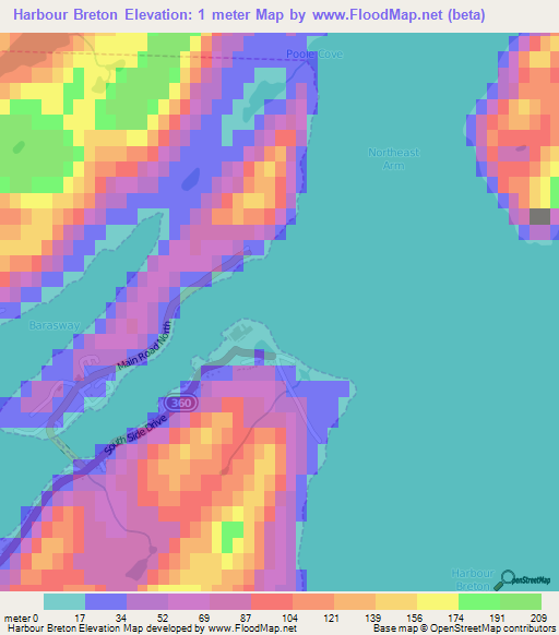 Harbour Breton,Canada Elevation Map
