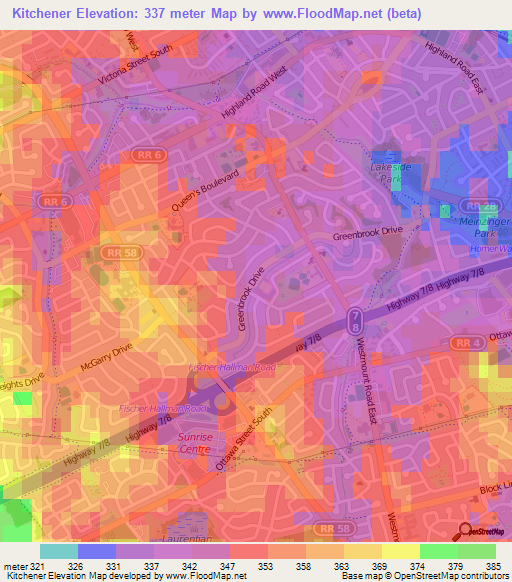 Kitchener,Canada Elevation Map