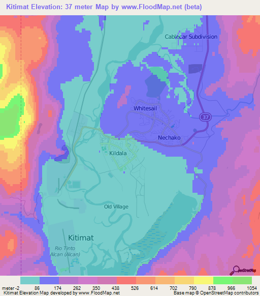 Kitimat,Canada Elevation Map