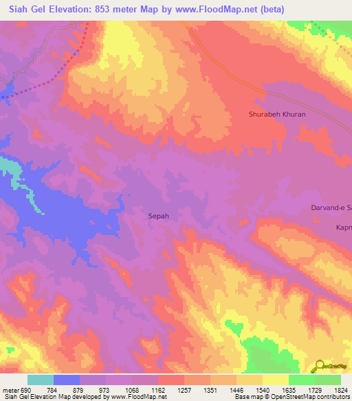 Siah Gel,Iran Elevation Map