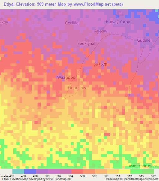 Etiyal,Somalia Elevation Map