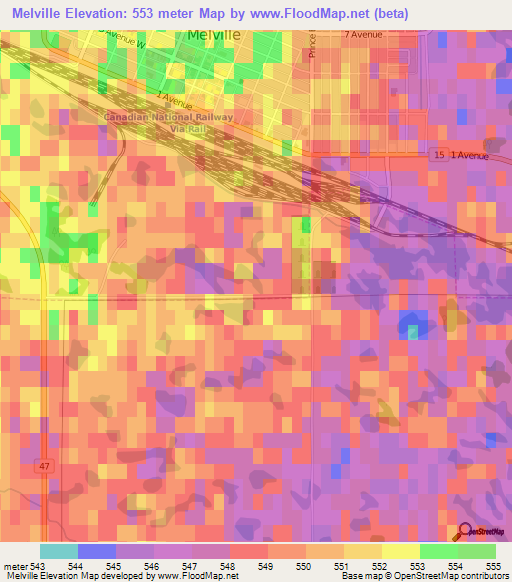 Melville,Canada Elevation Map